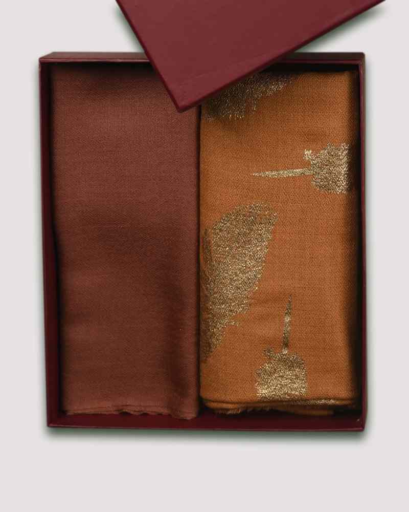 Rust Fine Wool Foil Print Stole & Brown Fine Wool Diamond Weave Muffler Combo